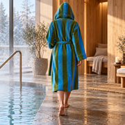 Blue and Green Bold Stripe bathrobe shown at realistic mid-calf scale