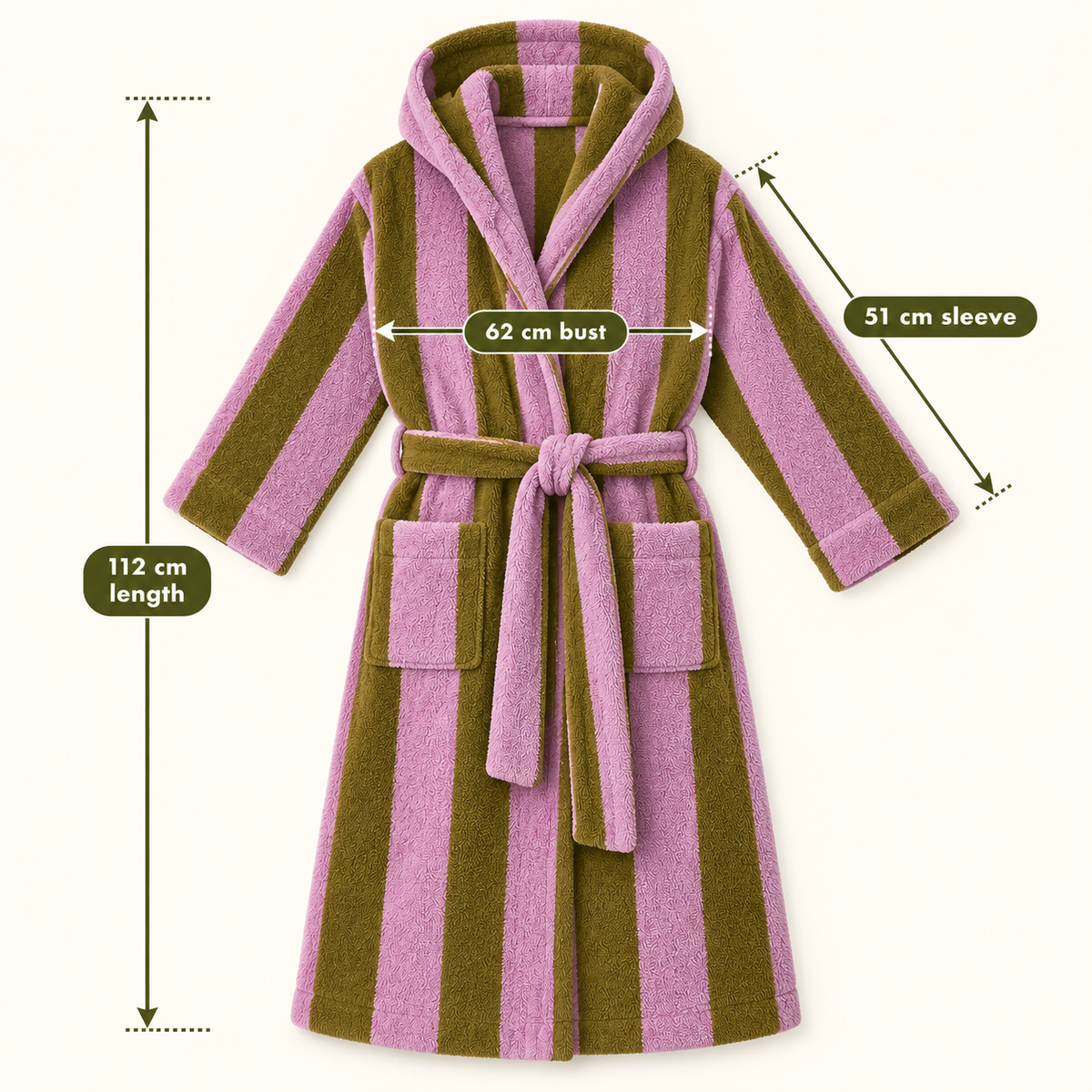 Bold Stripe bathrobe dimensions: 112 cm length, 62 cm bust and 51 cm sleeve