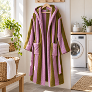Freshly washed Pink and Brown Bold Stripe bathrobe hanging to dry