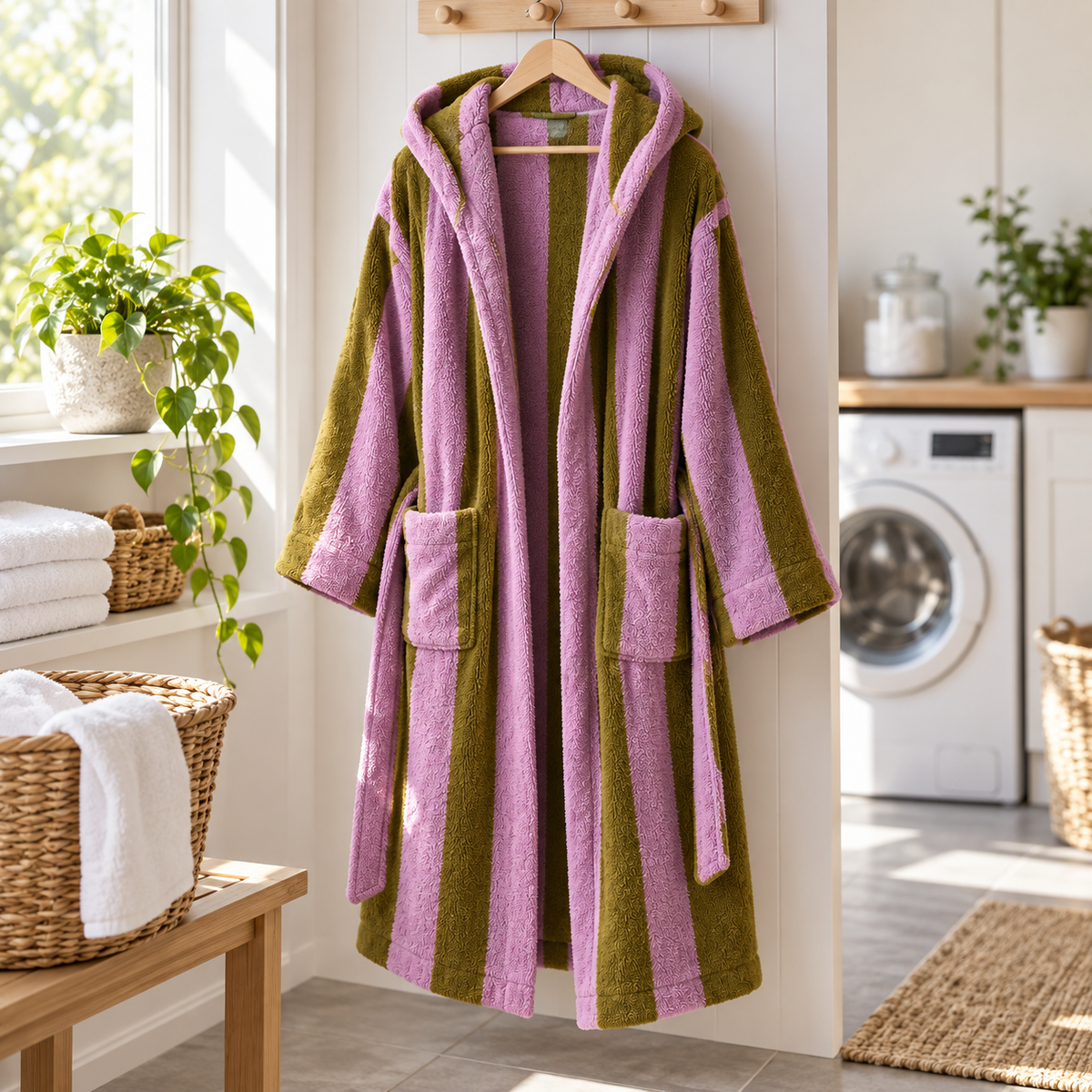 Freshly washed Pink and Brown Bold Stripe bathrobe hanging to dry