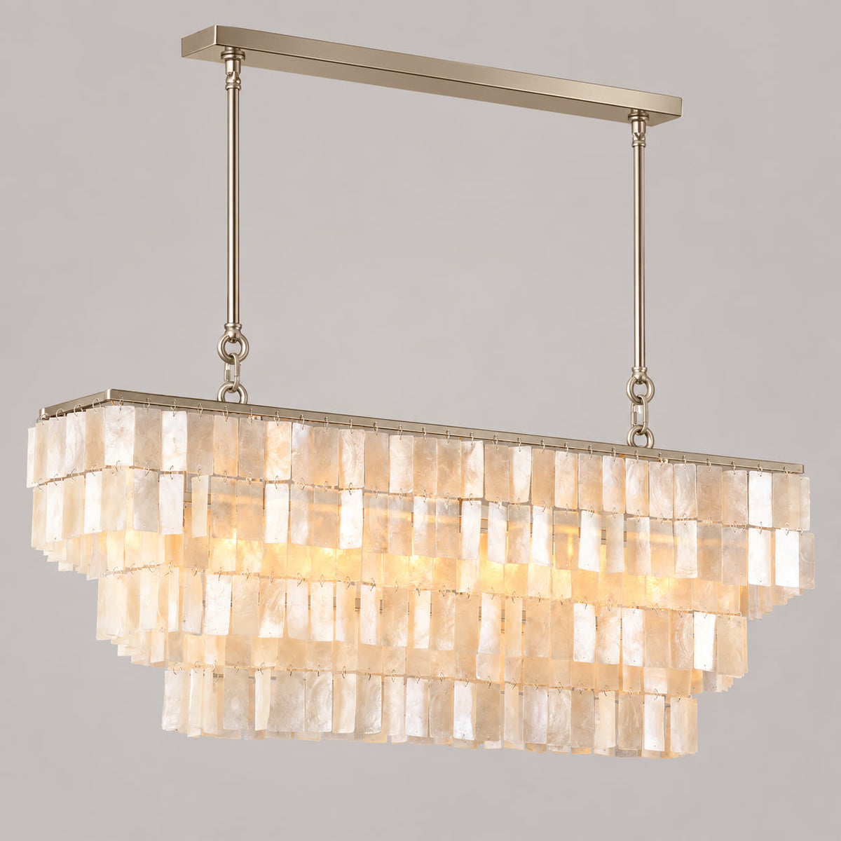 Capri linear natural shell chandelier on a warm neutral background
