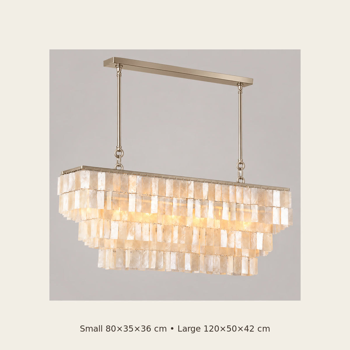 Capri linear chandelier sizes: 80 by 35 by 36 and 120 by 50 by 42 centimetres