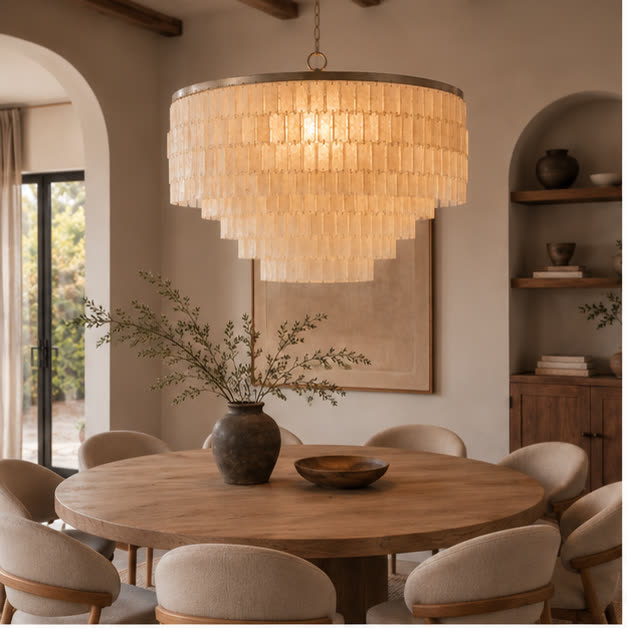 Capri shell chandelier above a round dining table