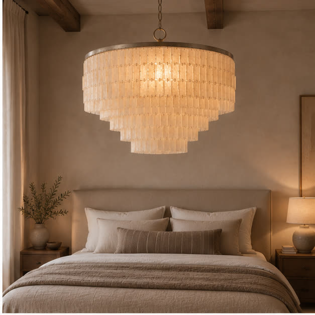 Capri shell chandelier in a warm bedroom