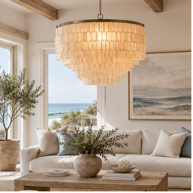 Capri shell chandelier in an airy coastal living room