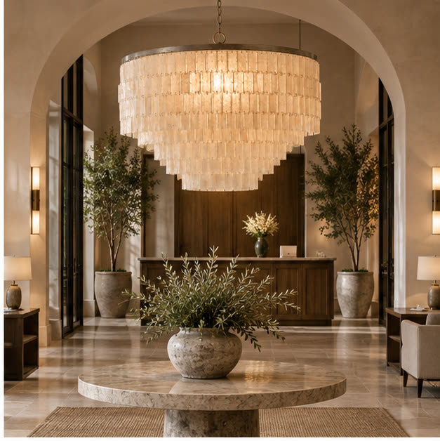 Capri shell chandelier in a boutique hotel lobby