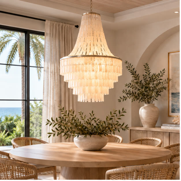 Capri tiered shell chandelier above a round dining table