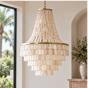 Capri tiered shell chandelier in daylight, switched off
