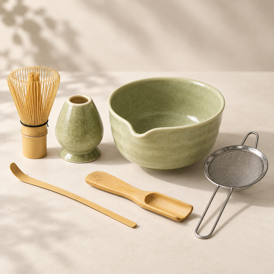 Chado six-piece matcha set in celadon green on a warm ivory background