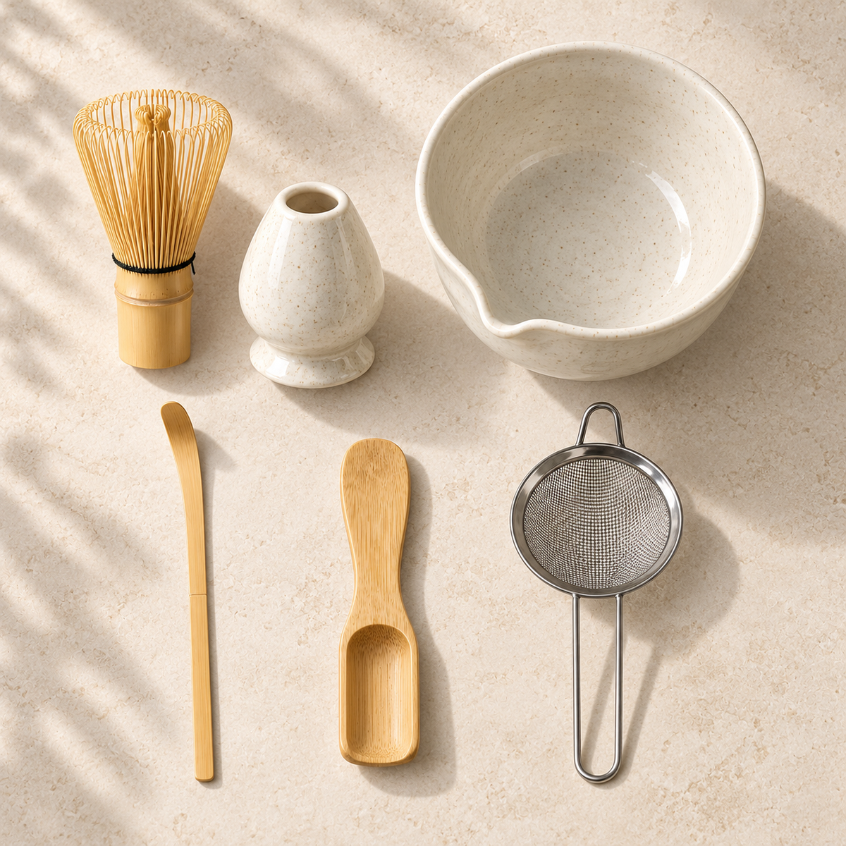 Chado White Set with all six included matcha preparation pieces