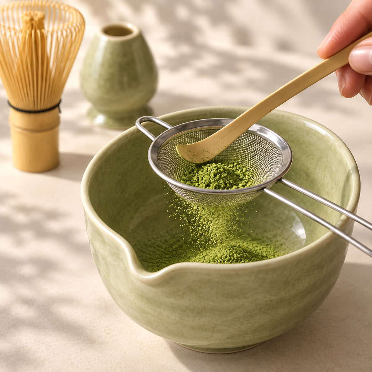 Fine mesh sifter preparing matcha in the Chado bowl