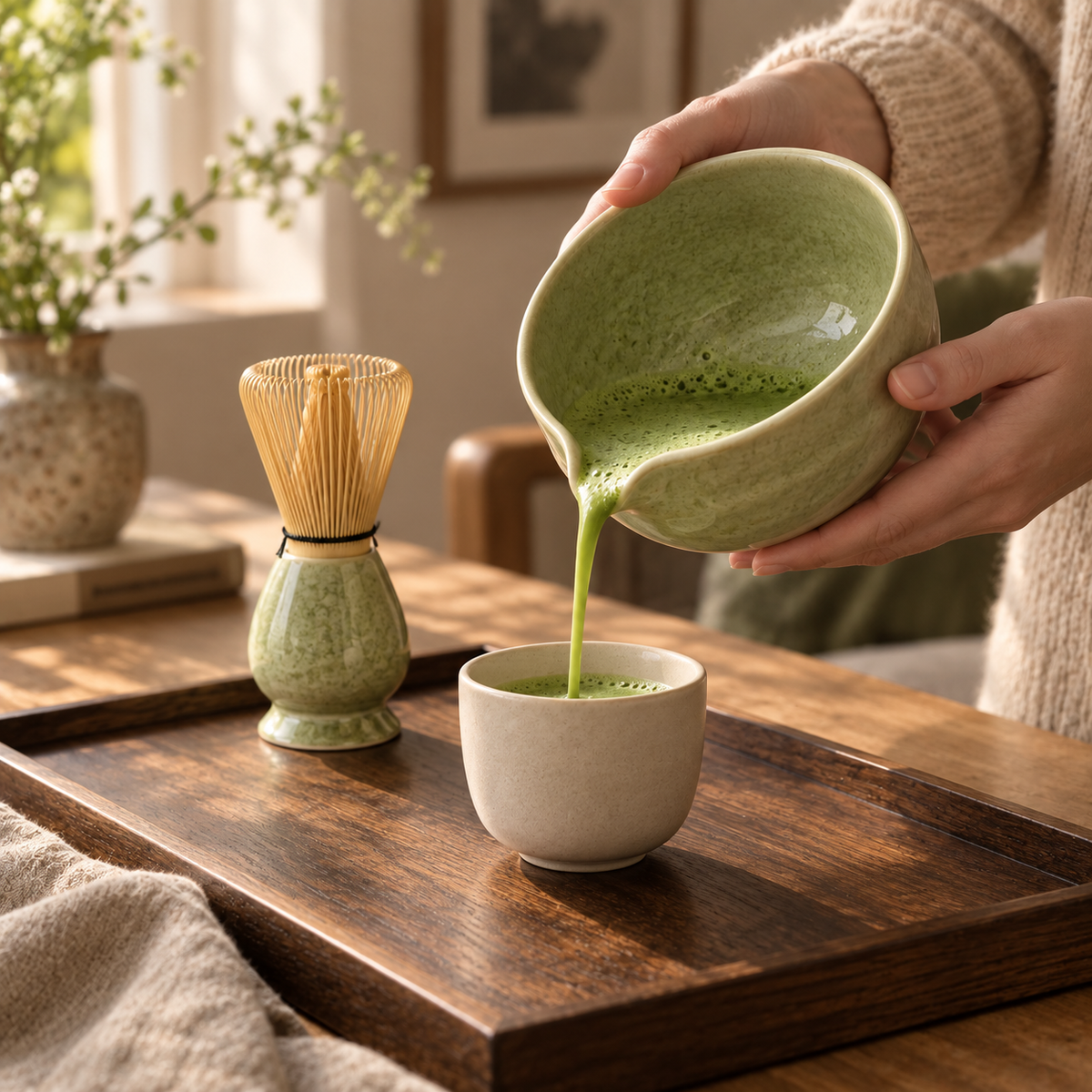 Pouring prepared matcha from the Chado spouted bowl