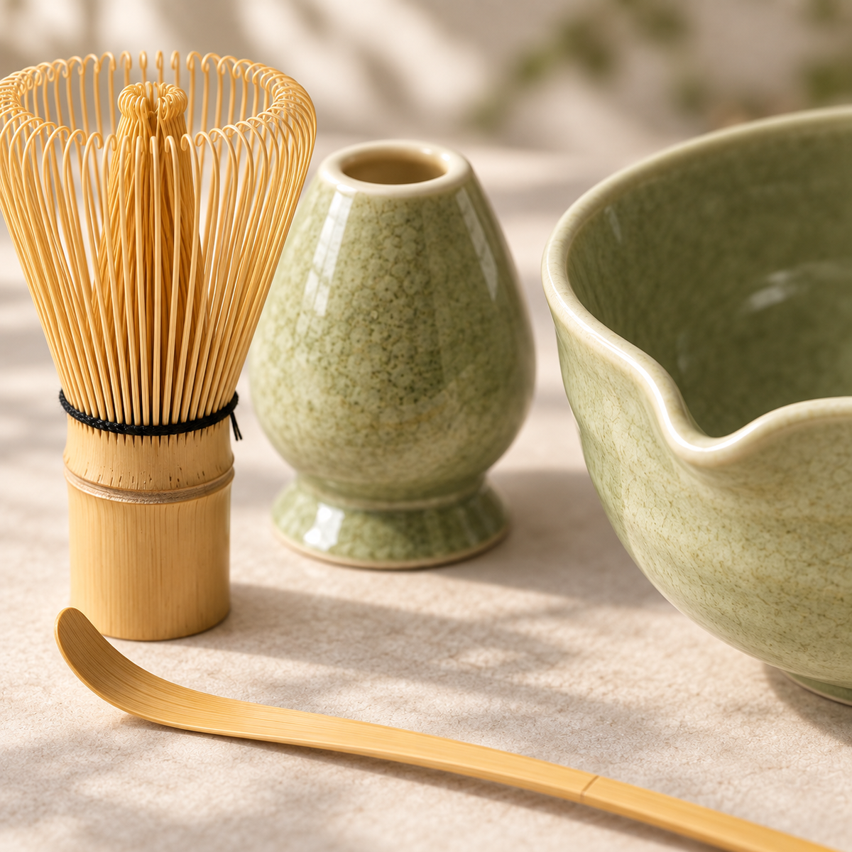 Bamboo chasen and celadon glaze details of the Chado set