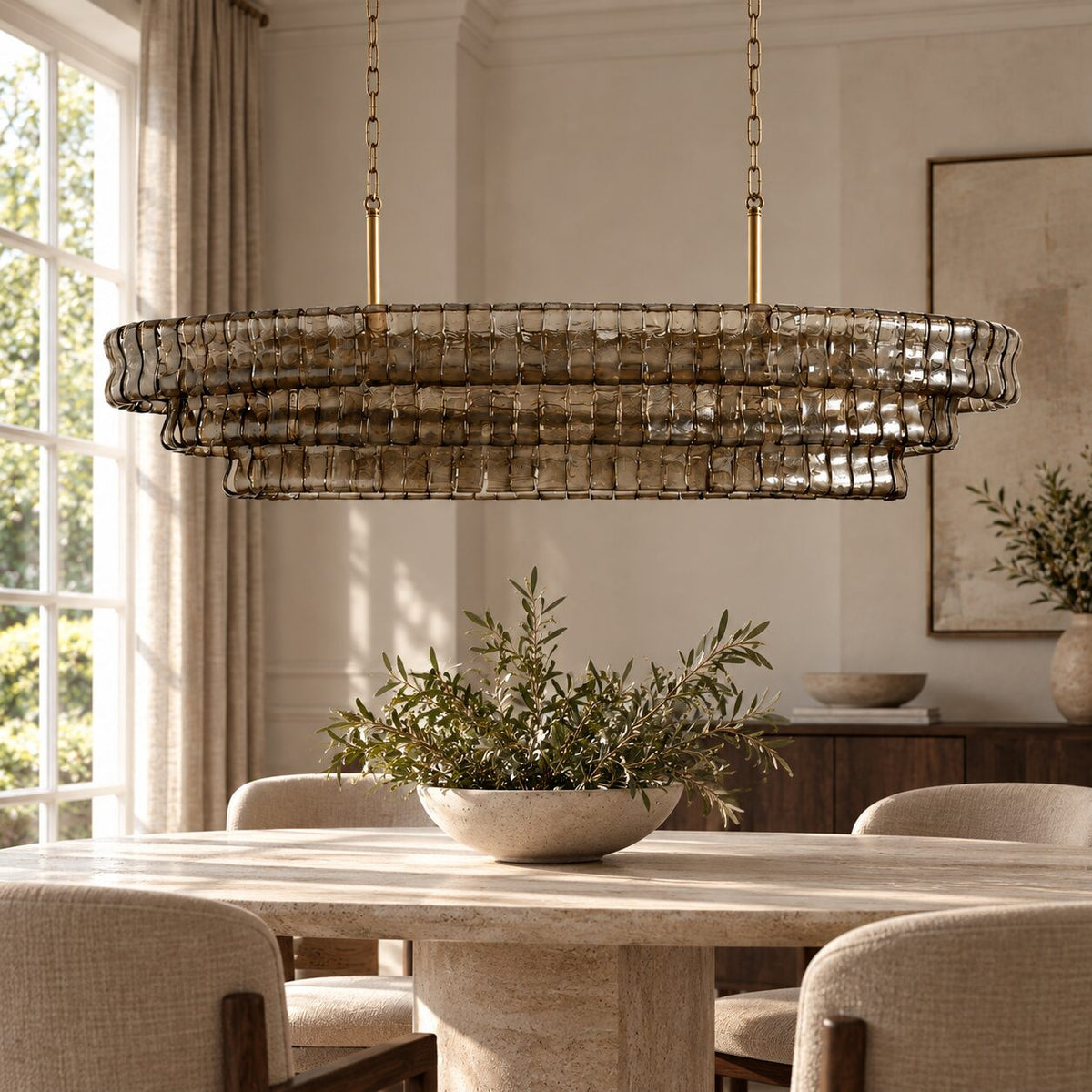 Étoile grey glass chandelier switched off in daylight