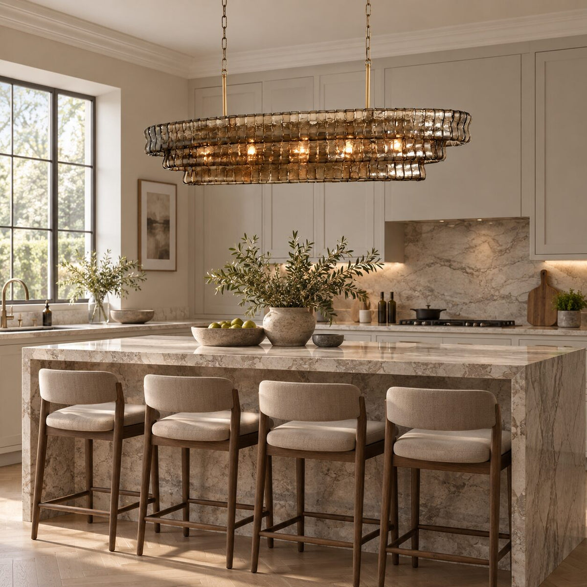 Étoile chandelier above a stone kitchen island
