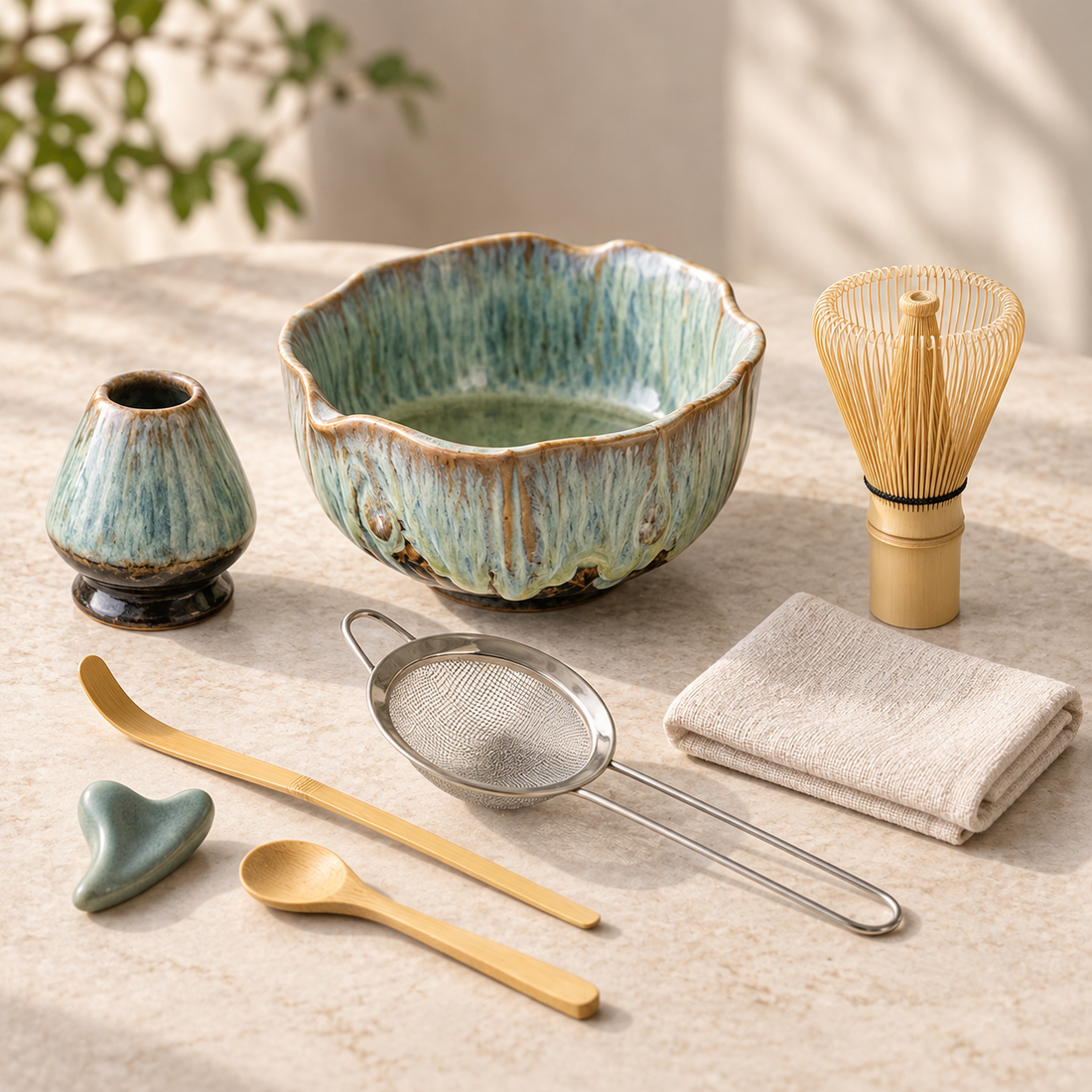 HanaKyo Petal Matcha Set in glazed blue, complete eight-piece set on warm stone