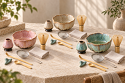 HanaKyo Petal Matcha Set in glazed pink, beige and blue finishes