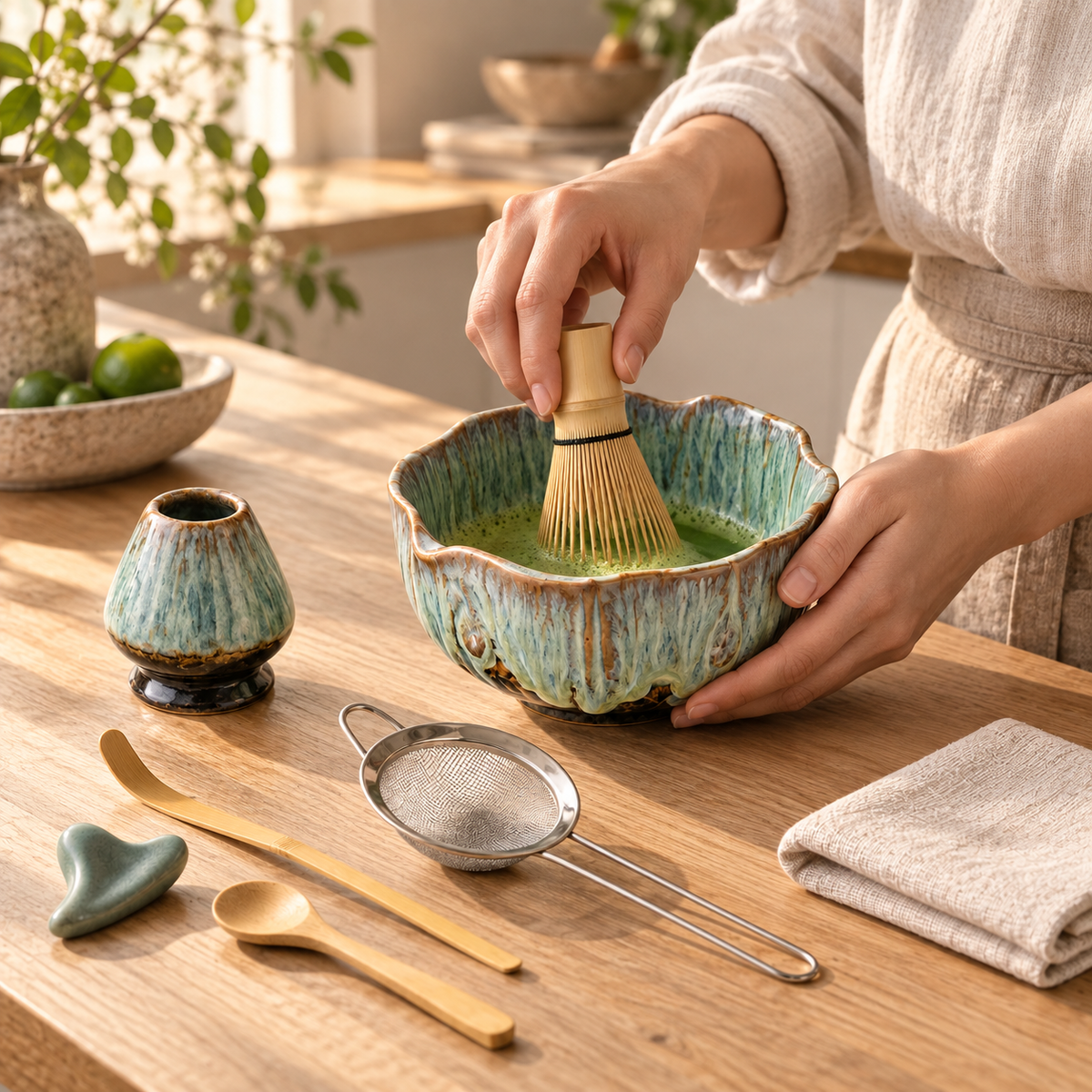 HanaKyo blue petal bowl and bamboo whisk in use