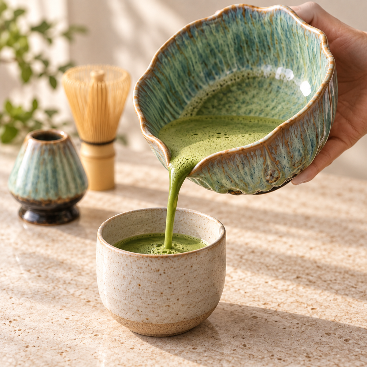 HanaKyo blue petal bowl pouring prepared matcha