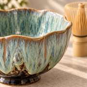 Close detail of HanaKyo blue kiln-change glaze and scalloped rim