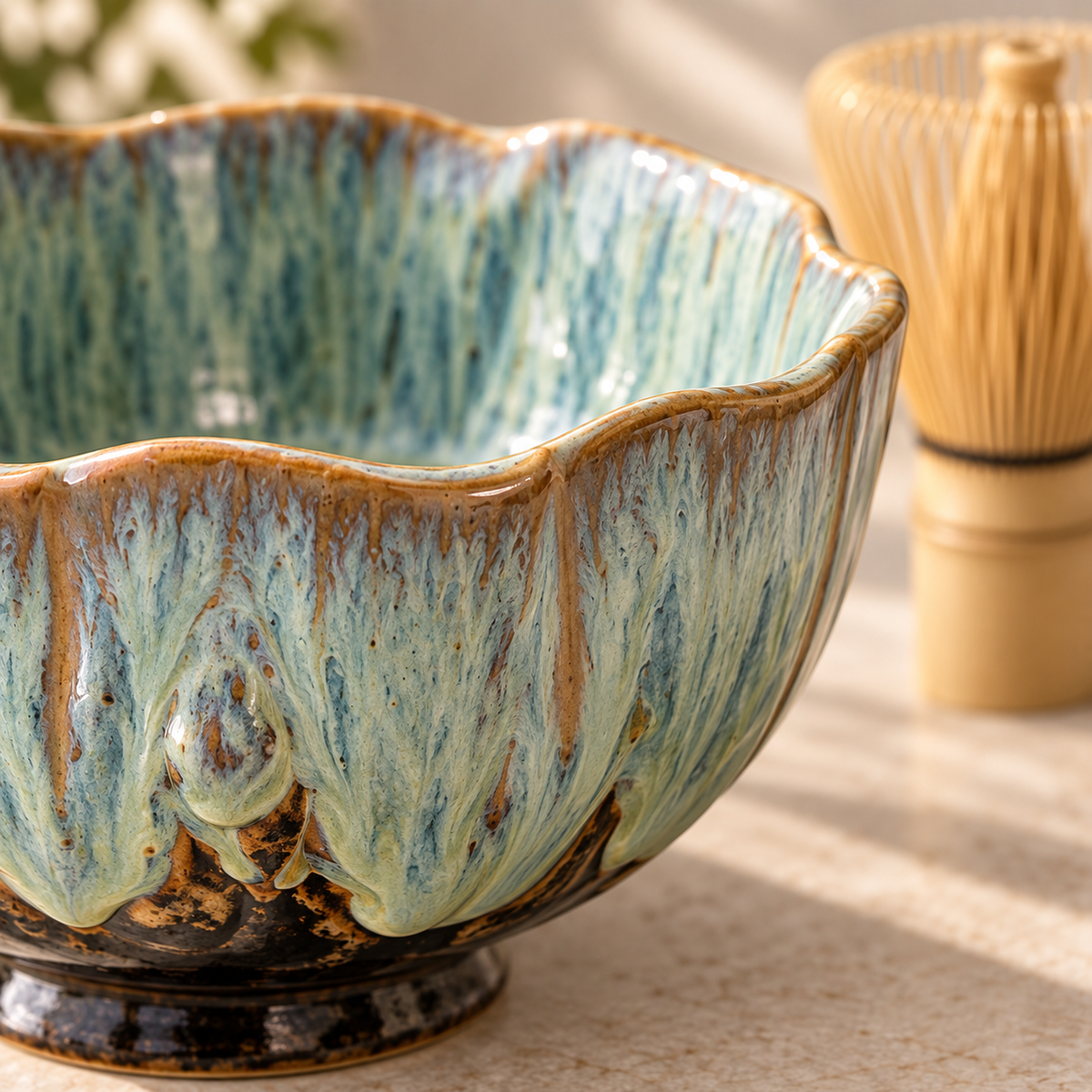 Close detail of HanaKyo blue kiln-change glaze and scalloped rim