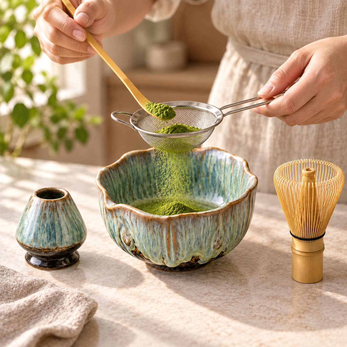 Matcha powder being sifted into the HanaKyo petal bowl