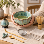 HanaKyo 15.5 cm matcha bowl held in two hands for scale