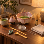 HanaKyo Petal Matcha Set in glazed pink in an evening interior