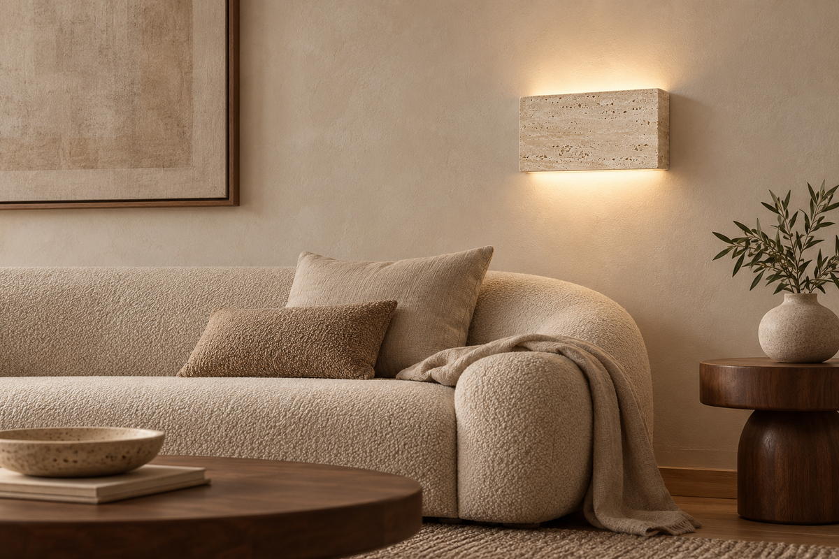 Lumo travertine wall light in a warm neutral living room