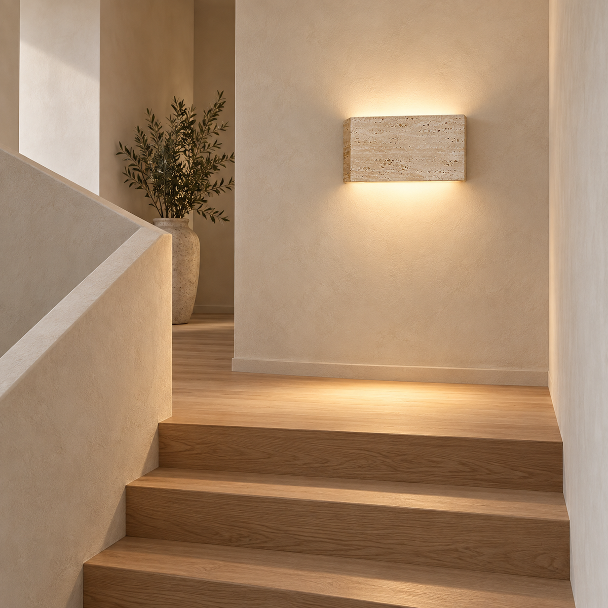 Lumo natural stone wall light illuminating a staircase landing