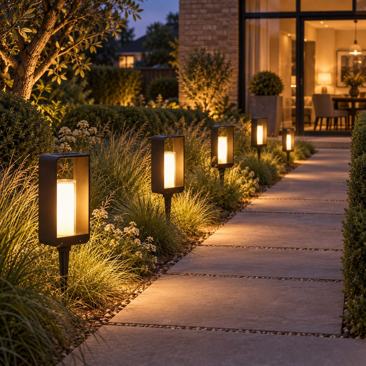 Warm LumoEdge solar lights along a garden path