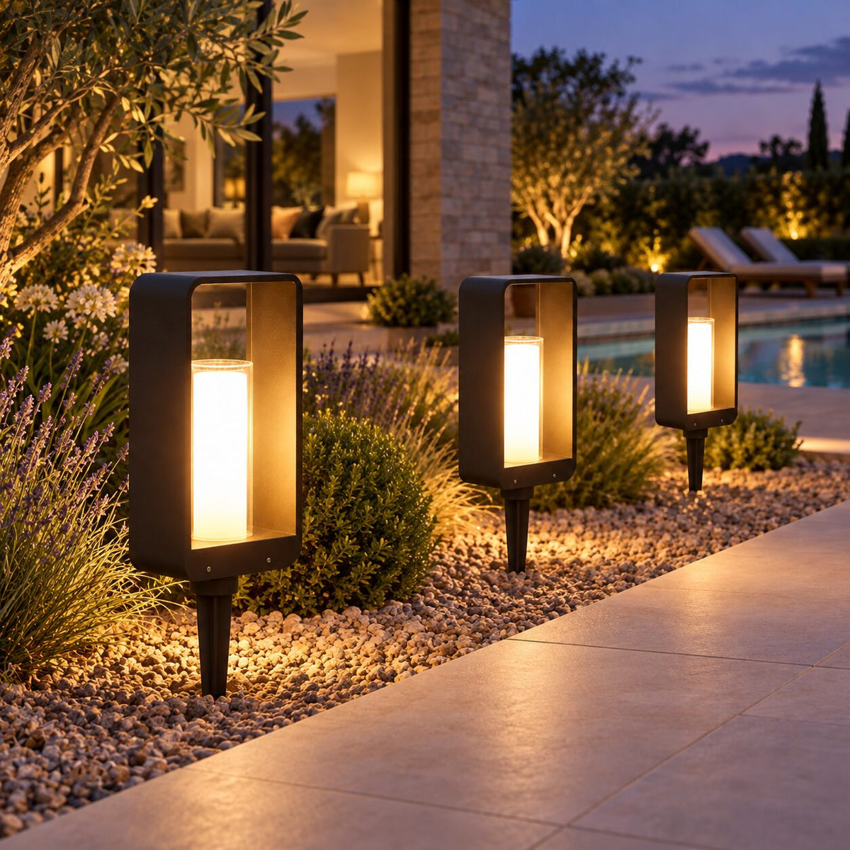 LumoEdge solar lights in a dry terrace border
