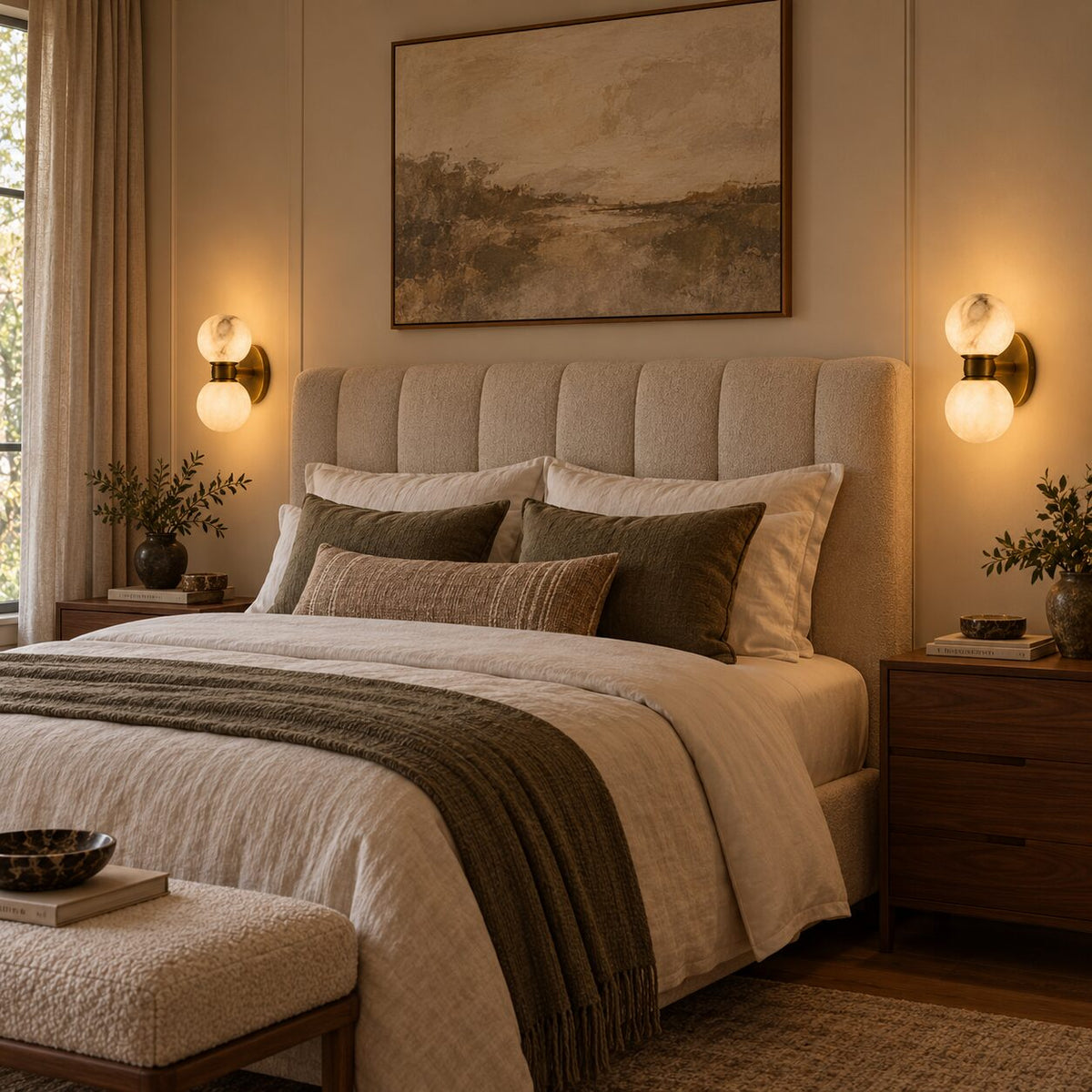Pair of Lunara marble wall lamps beside a bed