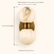 Lunara wall lamp dimensions: 25 cm high, 15 cm projection, 10 or 12 cm globes