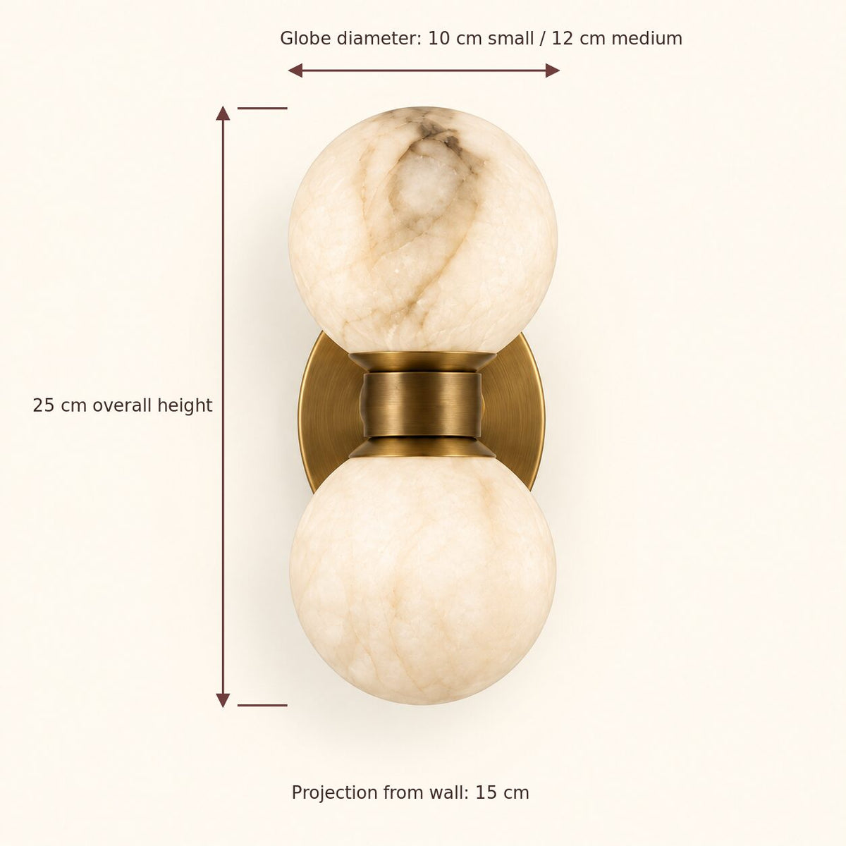 Lunara wall lamp dimensions: 25 cm high, 15 cm projection, 10 or 12 cm globes