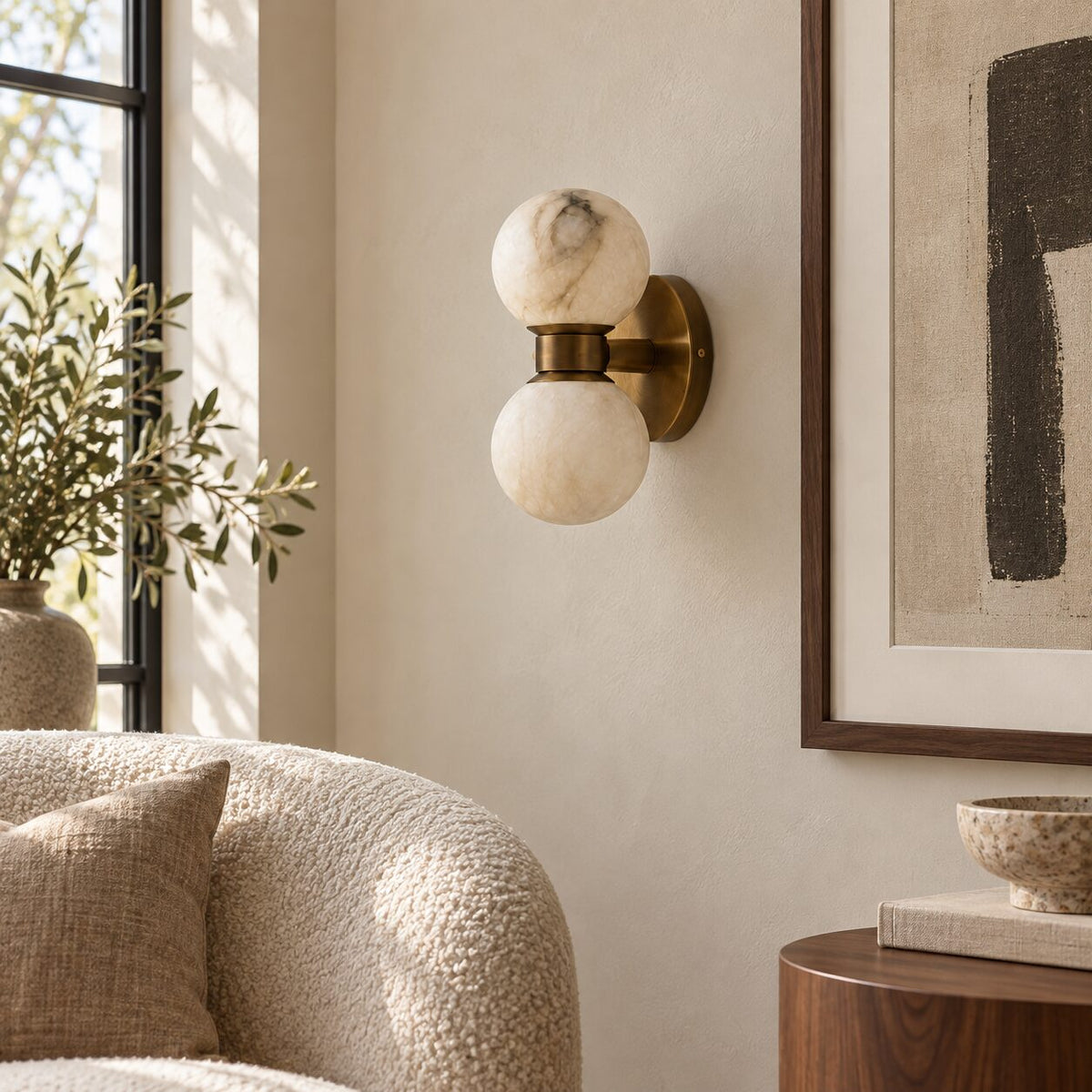 Lunara marble wall lamp in a daylight living room