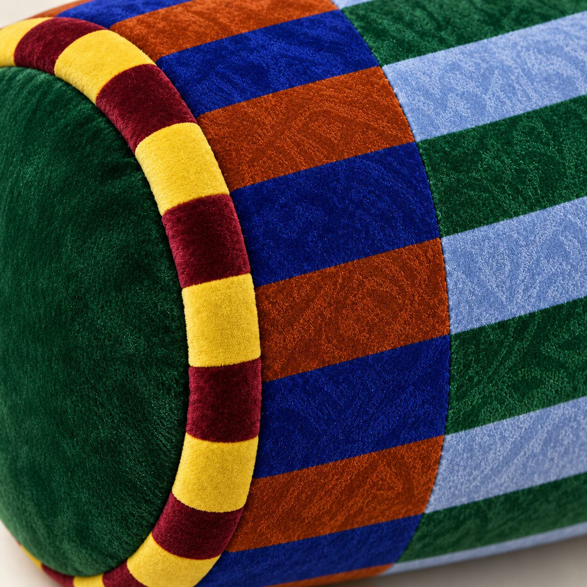 Close detail of Marvella velvet, woven jacquard and tailored piping