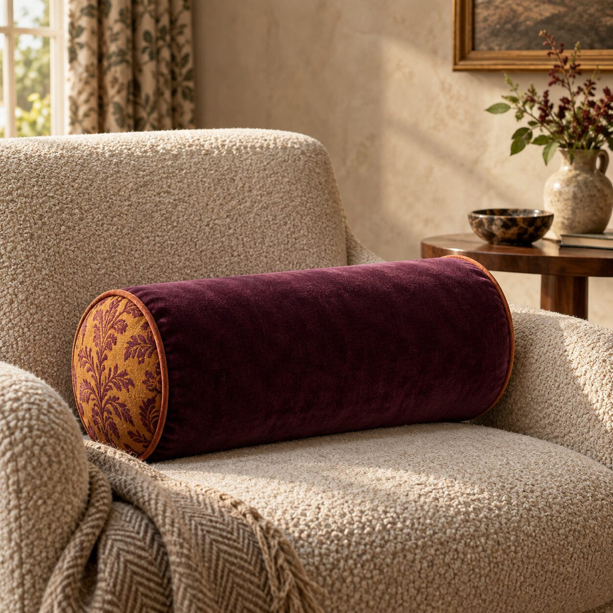 Marvella Citrus Plum neck-roll pillow in a warm reading corner