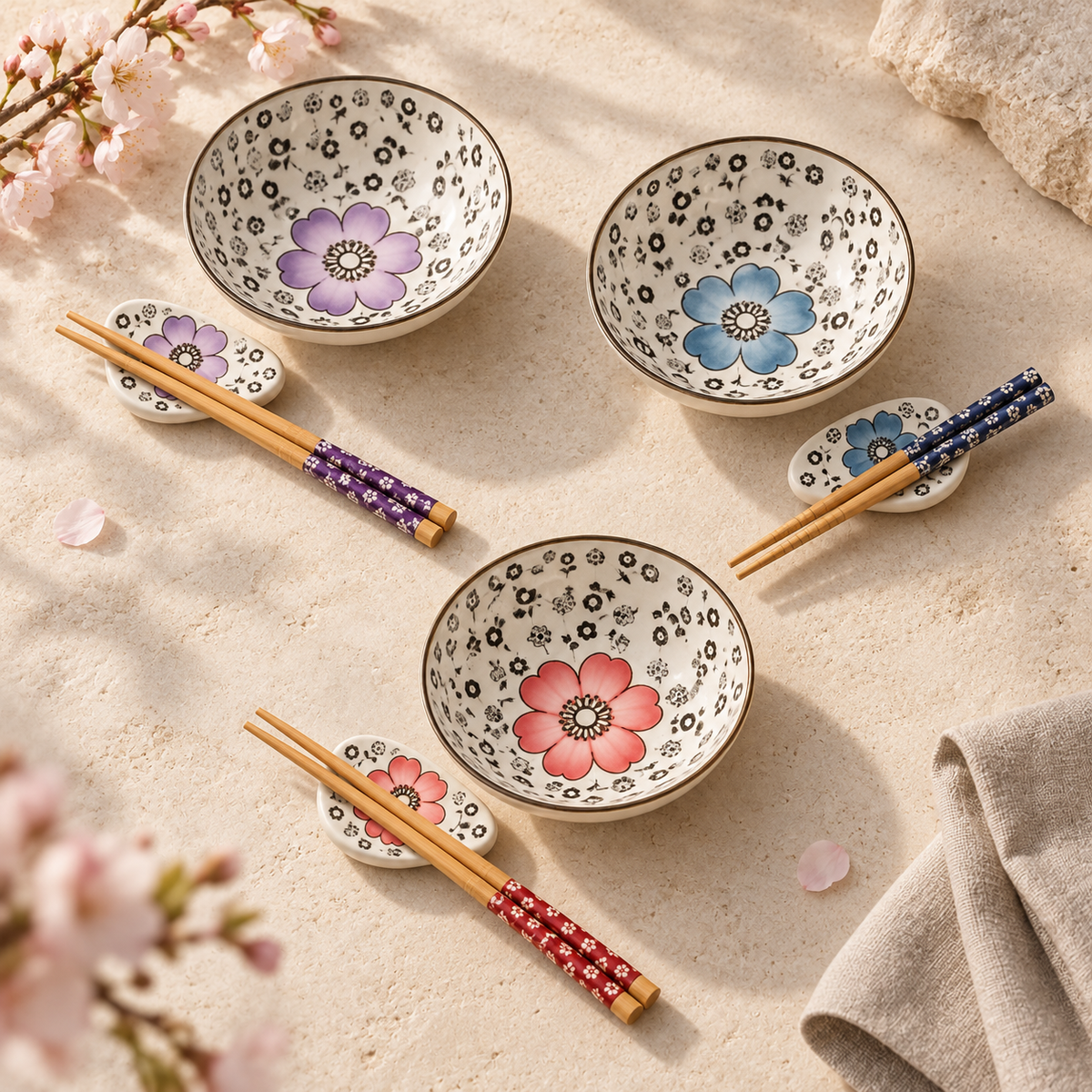 SakuraBloom ceramic dishes, rests and chopsticks in Purple, Blue and Red