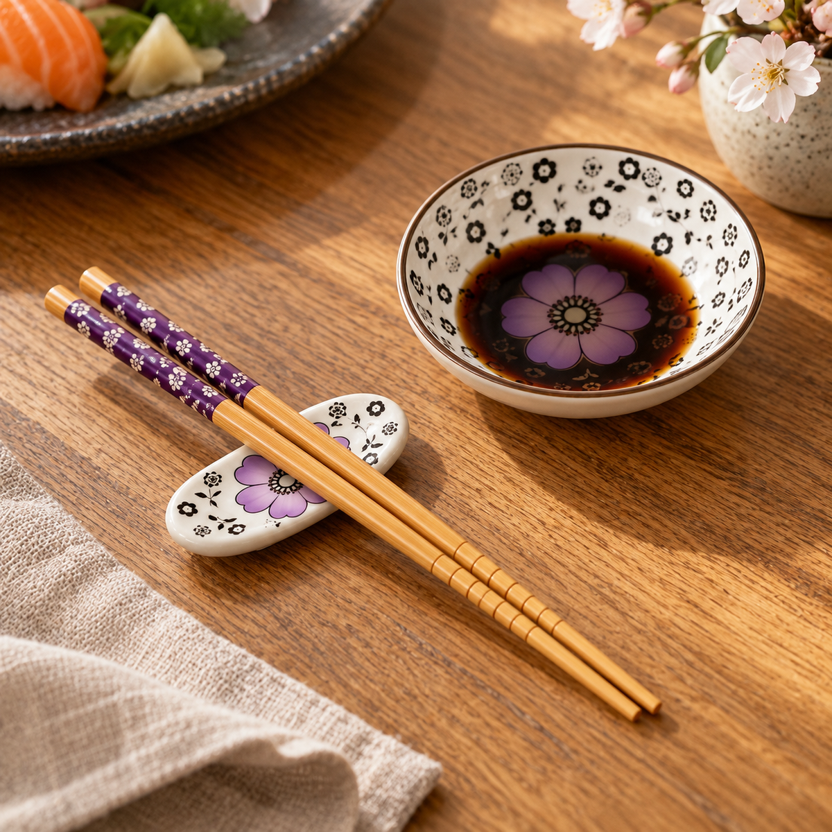 SakuraBloom Purple chopsticks on rest beside dipping dish