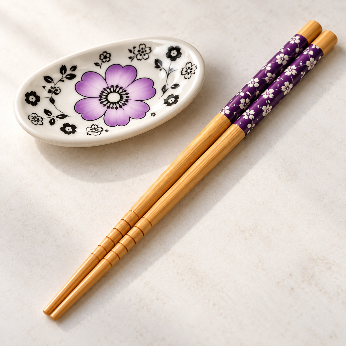 SakuraBloom Purple decorated bamboo chopsticks and ceramic rest