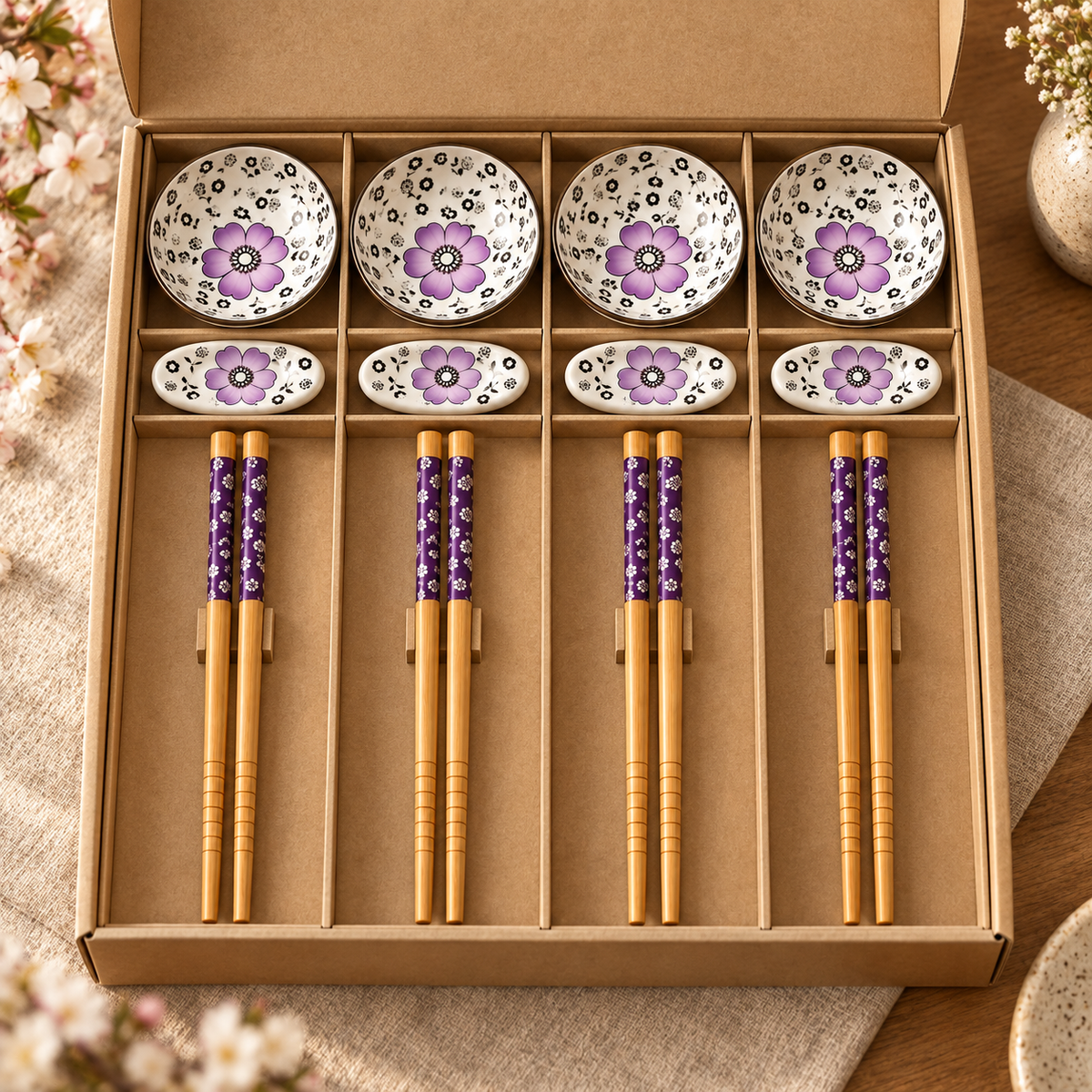 Complete SakuraBloom Purple 12-piece set in an unbranded divided gift box