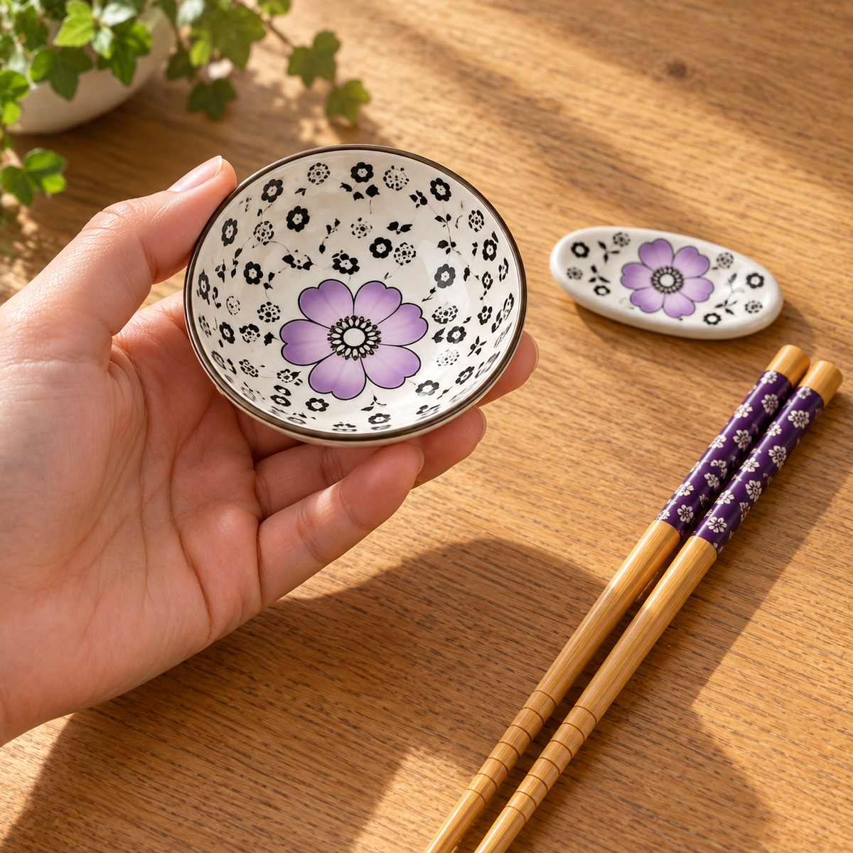 SakuraBloom Purple dipping dish held in hand for scale