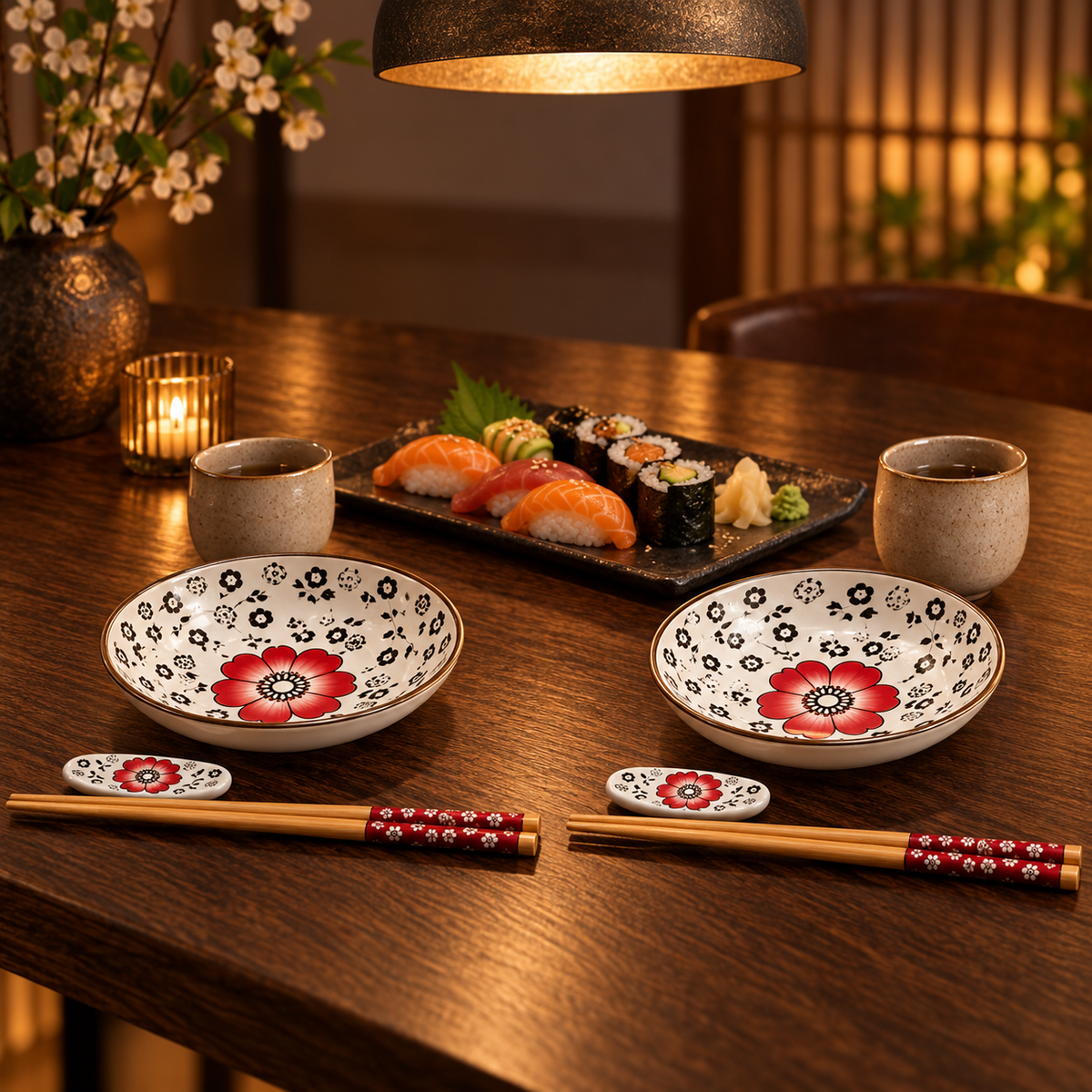 SakuraBloom Red place settings at an evening dinner