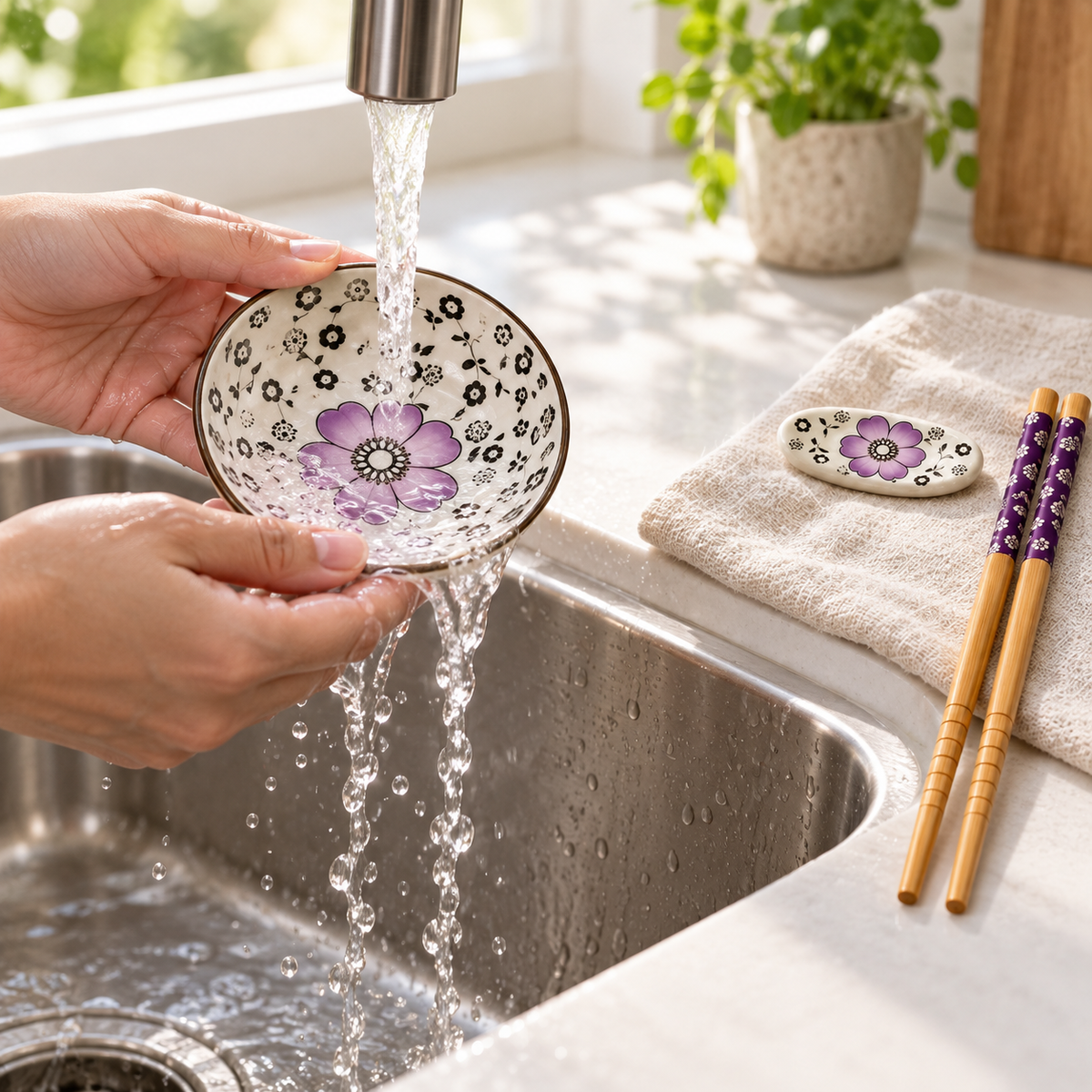 SakuraBloom Purple ceramic dish being gently hand washed