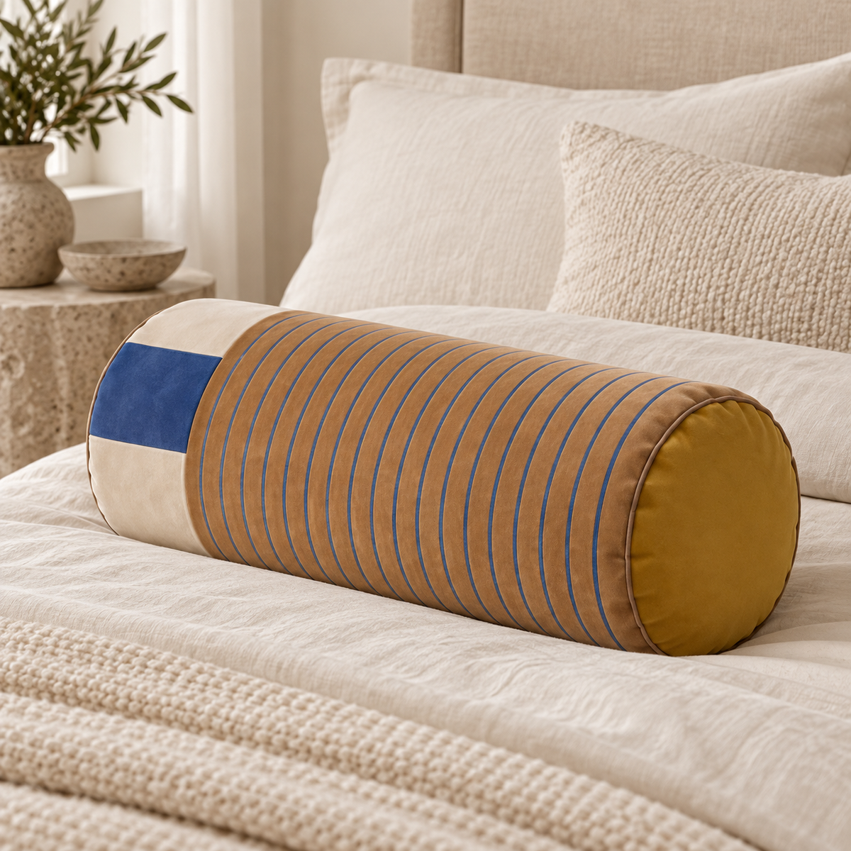 Sovana Sand Sky velvet neck-roll pillow on a warm neutral bed