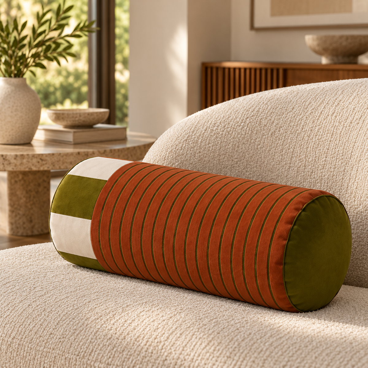 Sovana Rust Lime velvet neck-roll pillow on a neutral sofa