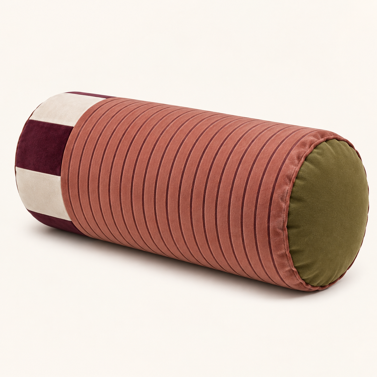 Sovana Rose Plum velvet neck-roll pillow from a three-quarter angle