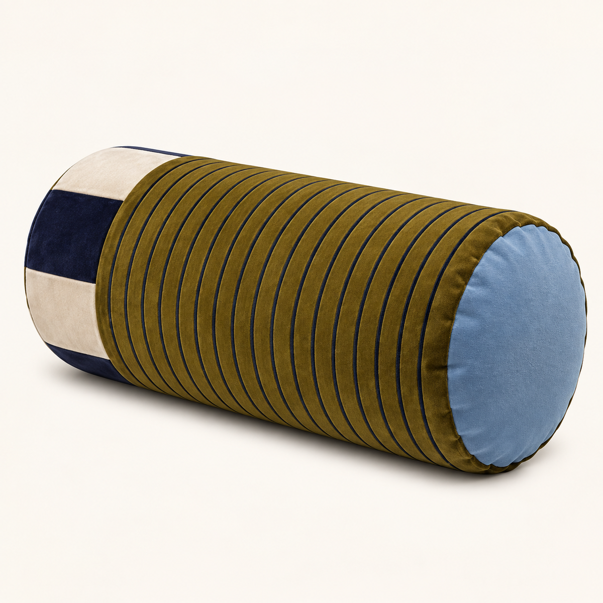 Sovana Olive Navy velvet neck-roll pillow on a warm neutral background
