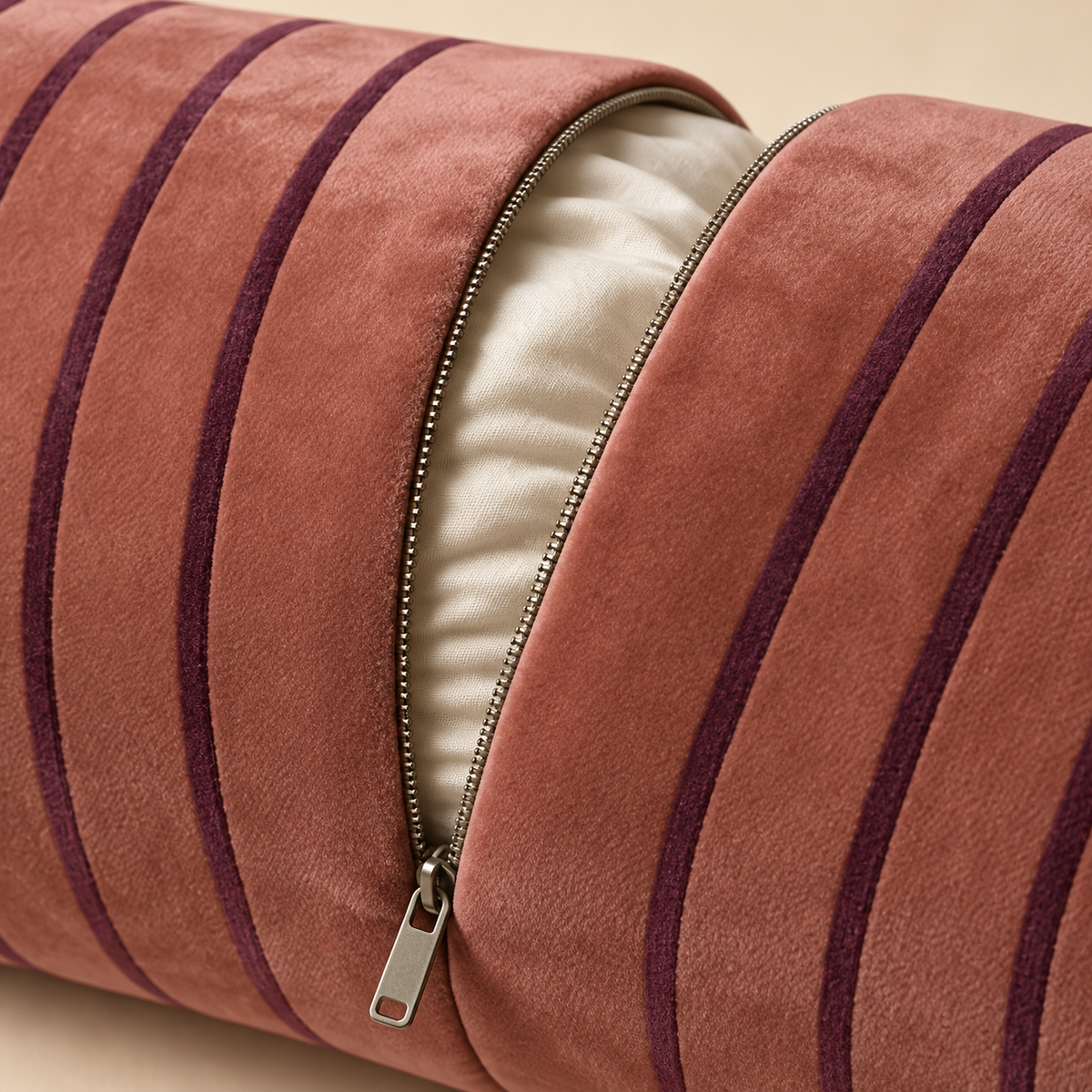 Close detail of the Sovana Rose Plum removable zipped cover
